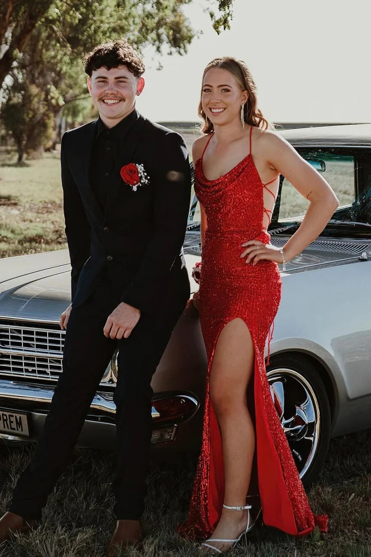 Charming Mermaid Cowl Neck Sequins Slit Prom Dresses