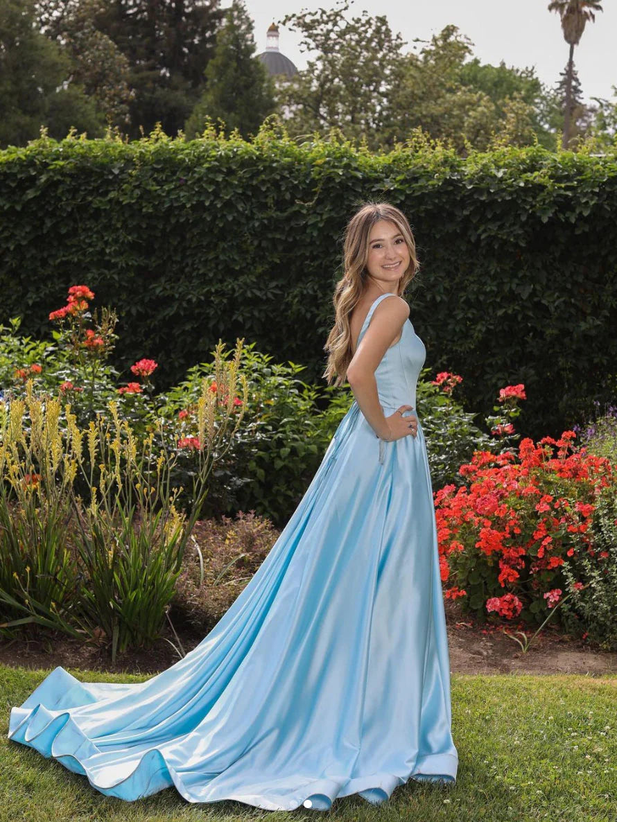 Blue satin long prom dress blue satin evening dress