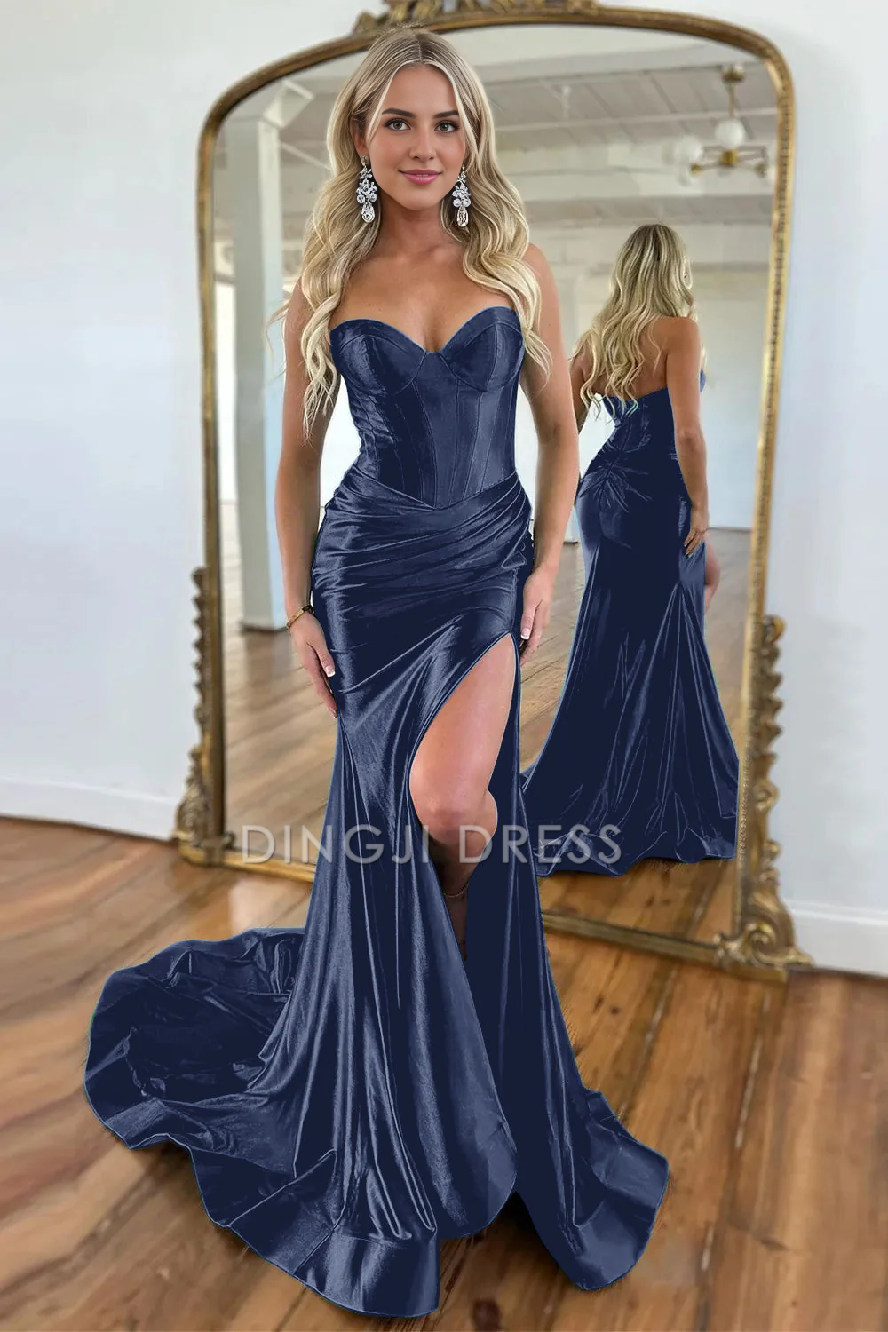 DingJiDress Gorgeous Mermaid Sweetheart Satin Pleated With Split Sweep Train Elegant Prom Dress