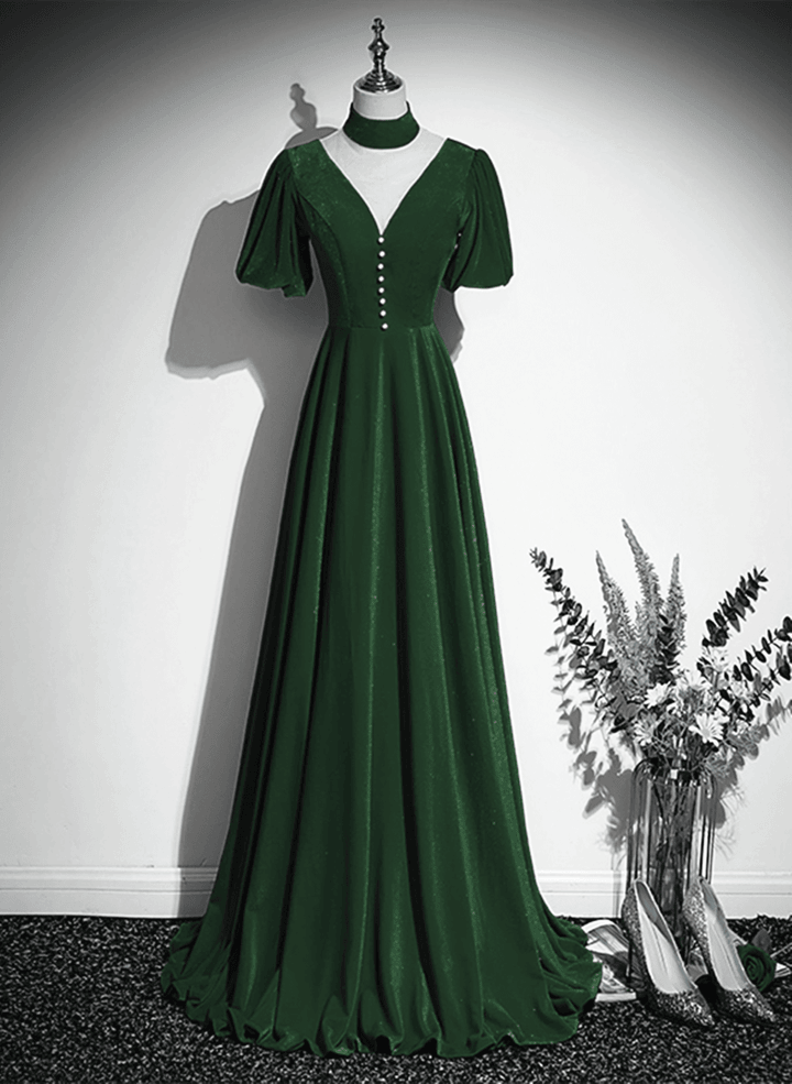 A-line Green Velvet High Neckline Long Party DressGreen Velvet Prom Dress