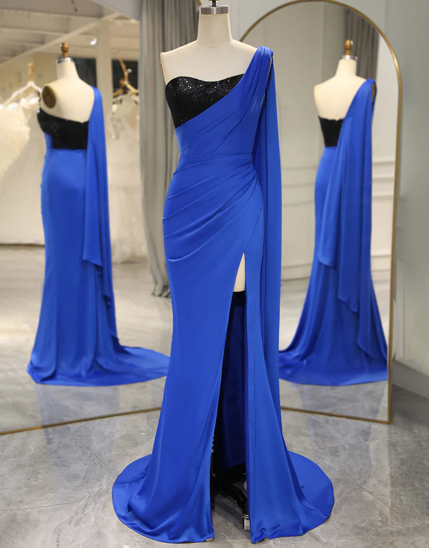 Royal Blue Mermaid One Shoulder Long Prom Dress With Split