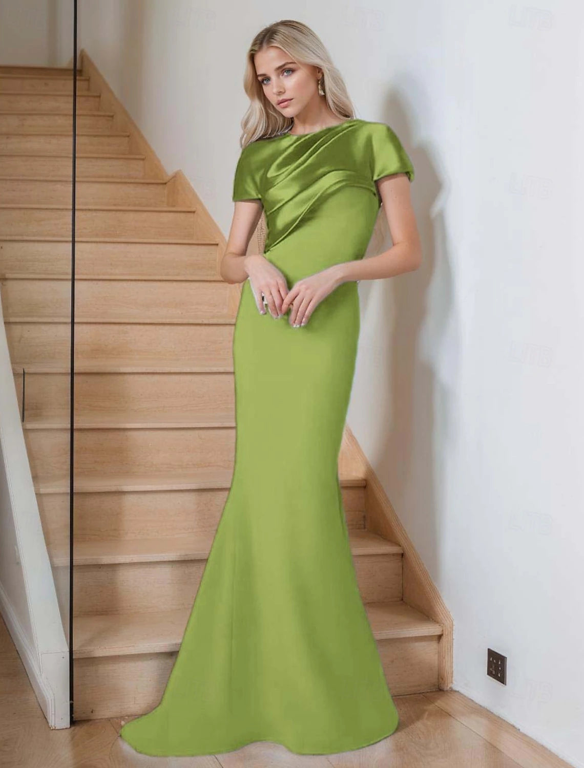 Mermaid / Trumpet Evening Gown Elegant Dress Formal Evening Party Floor Length Short Sleeve Crew Neck Belt / Sash Satin with Pleats