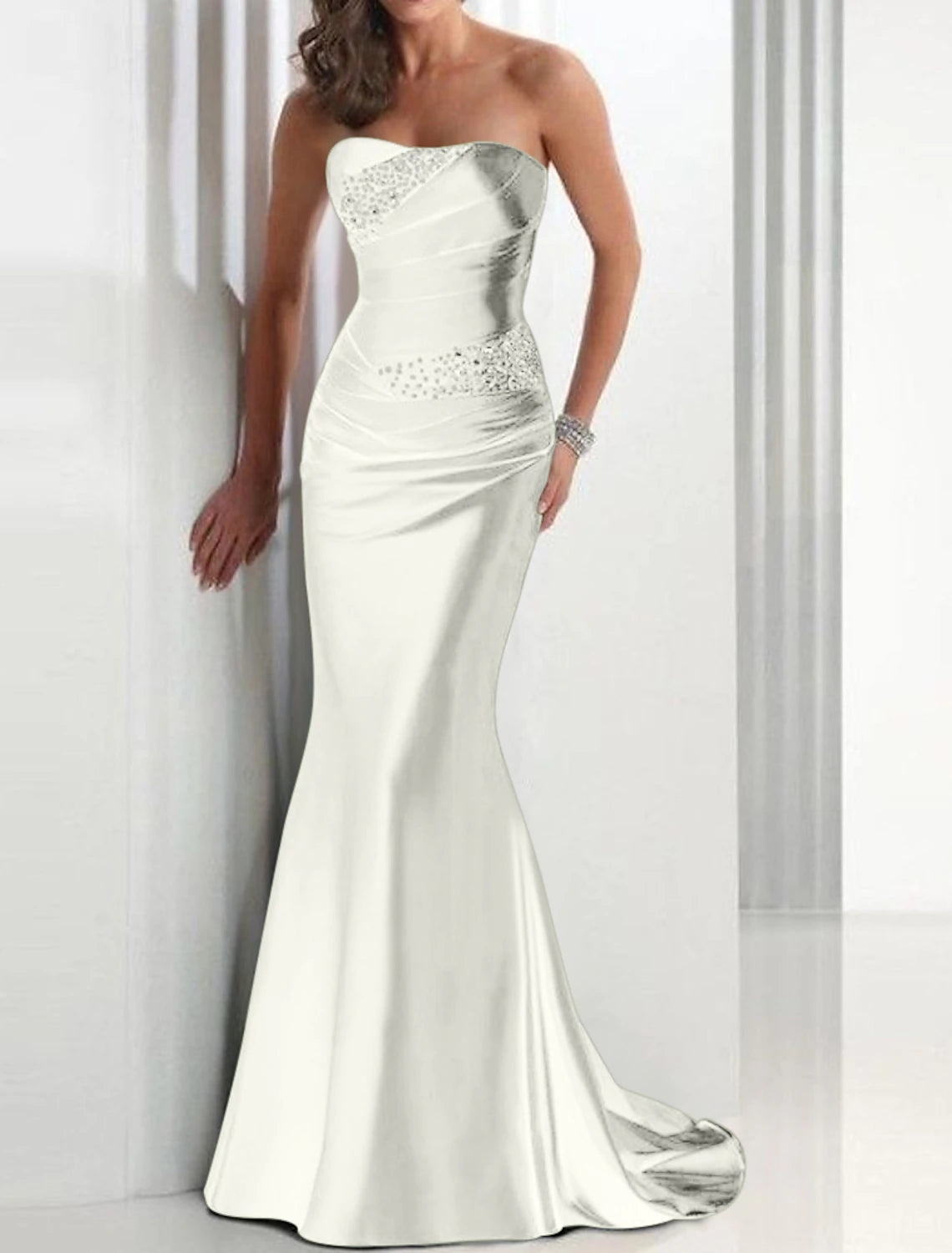 Mermaid Sequin Evening Gown Elegant Dress Wedding Guest Formal Evening Sweep / Brush Train Sleeveless Strapless Satin with Crystals Masquerade Dress dress to impress