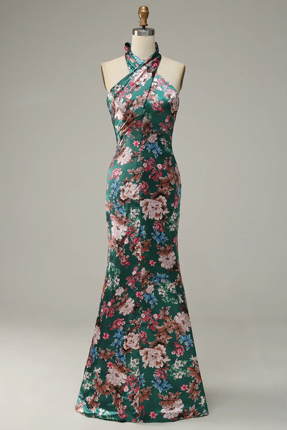 DingJiDress Flower Print Halter Satin Prom Dress