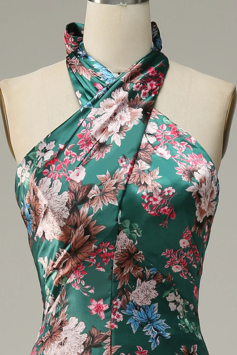 DingJiDress Flower Print Halter Satin Prom Dress