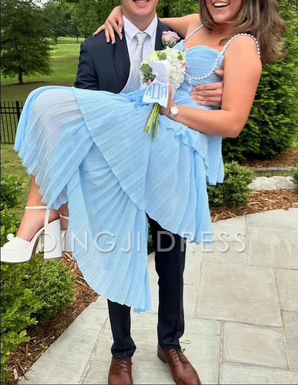 DingJiDress Cute A Line Sweetheart Pleat Tiers Chiffon Long with Pearls Beading Exquisite Prom Dress