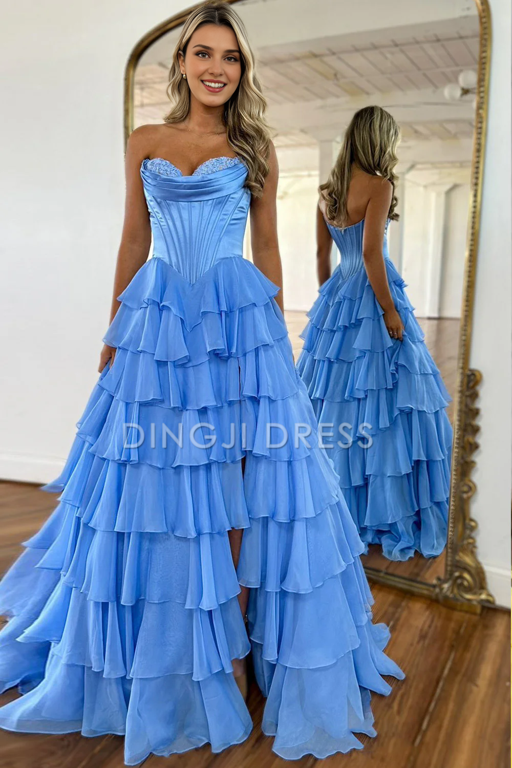 DingJiDress Lovely A-Line Sweetheart Long Tiered with Slit Fashion Prom Dress