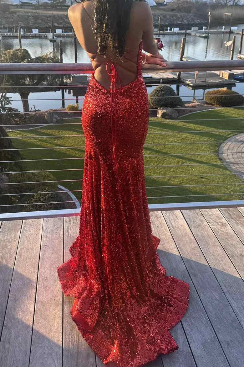 Sparkly Sequined Spaghetti Straps V-Neck Mermaid Long Prom Dress