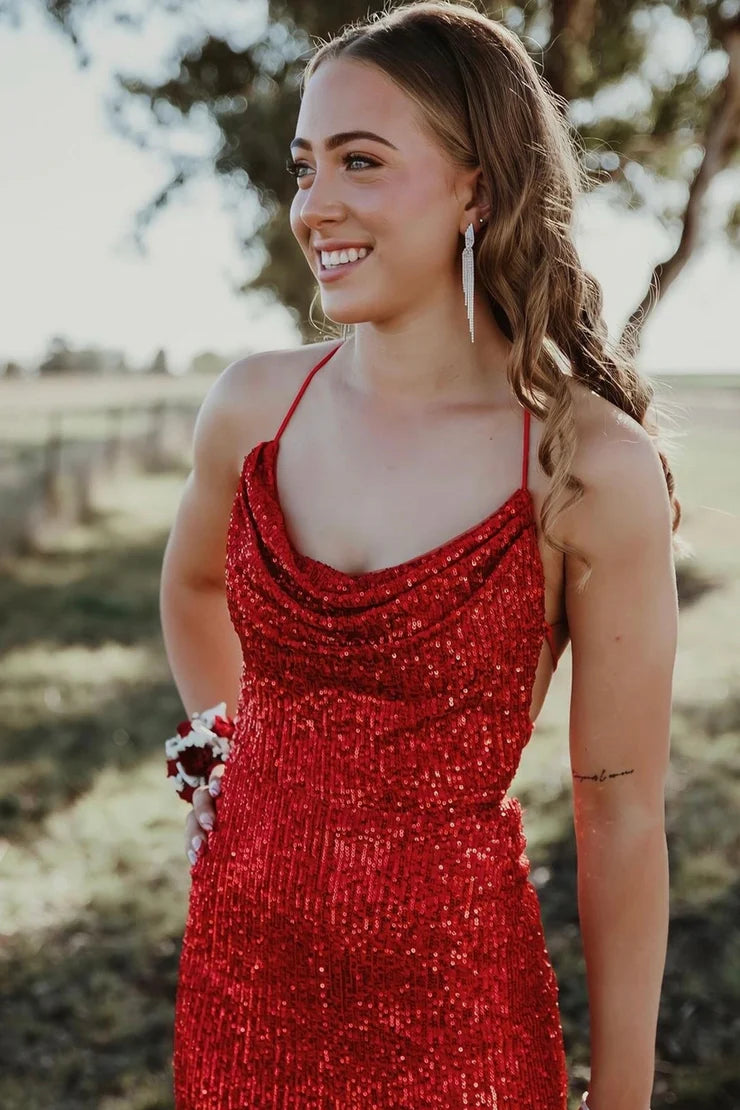 Charming Mermaid Cowl Neck Sequins Slit Prom Dresses