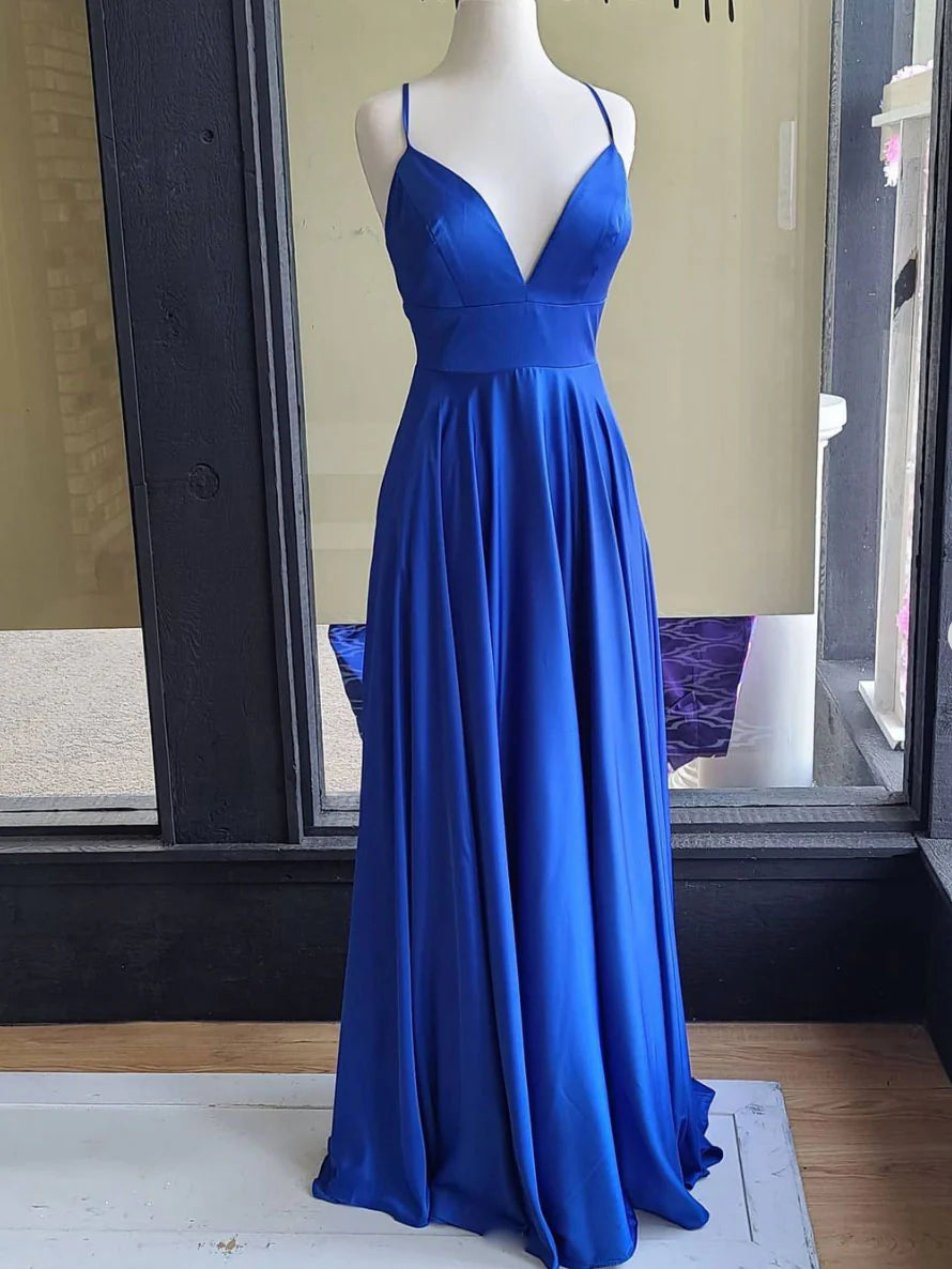 Simple blue satin long prom dress blue satin evening dress