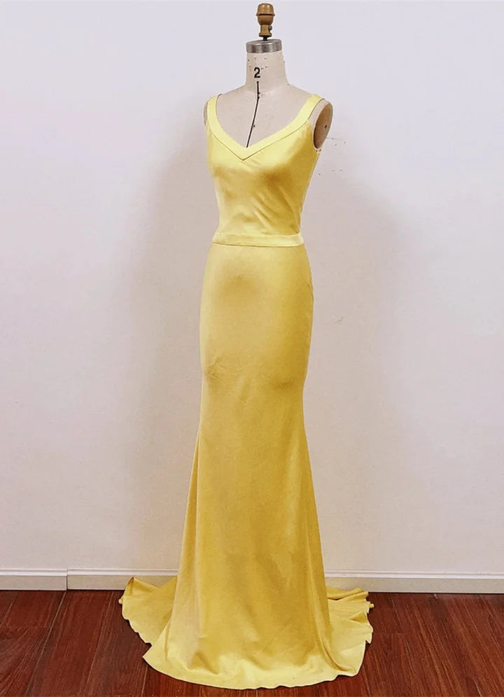 Chic Yellow Satin Mermaid Long Prom DressYellow Low Back Party Dress