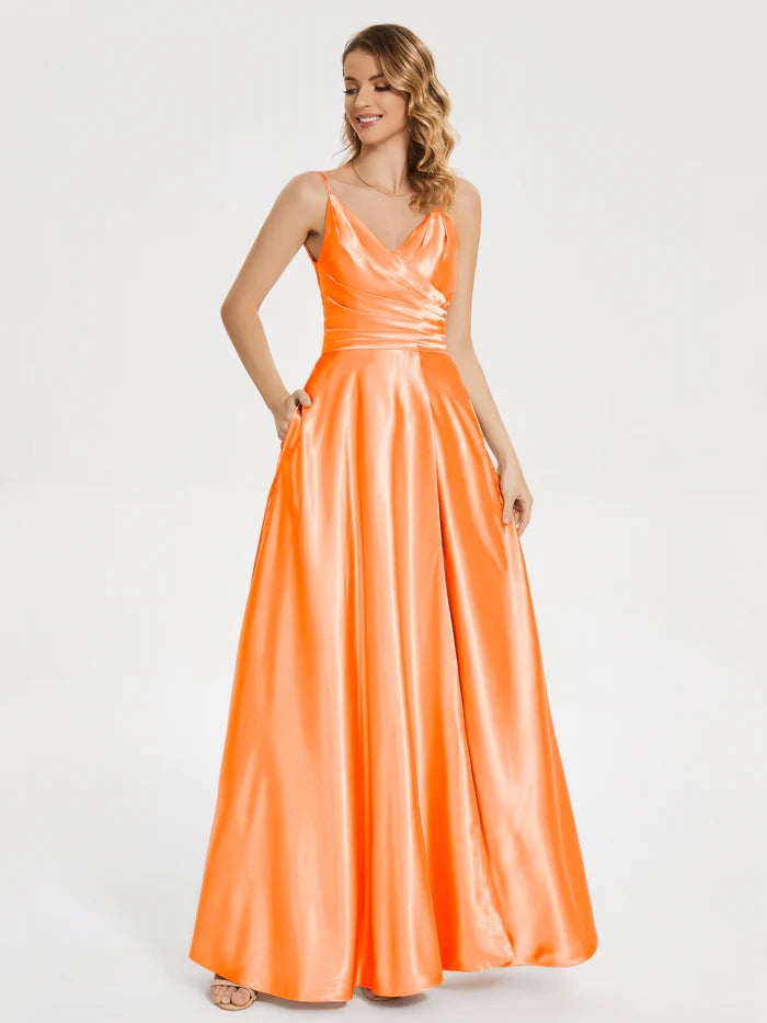 Elegant A-Line V-neck Sleeveless Lace Up Floor-Length Pleated Soft Satin Prom Dress with Slit