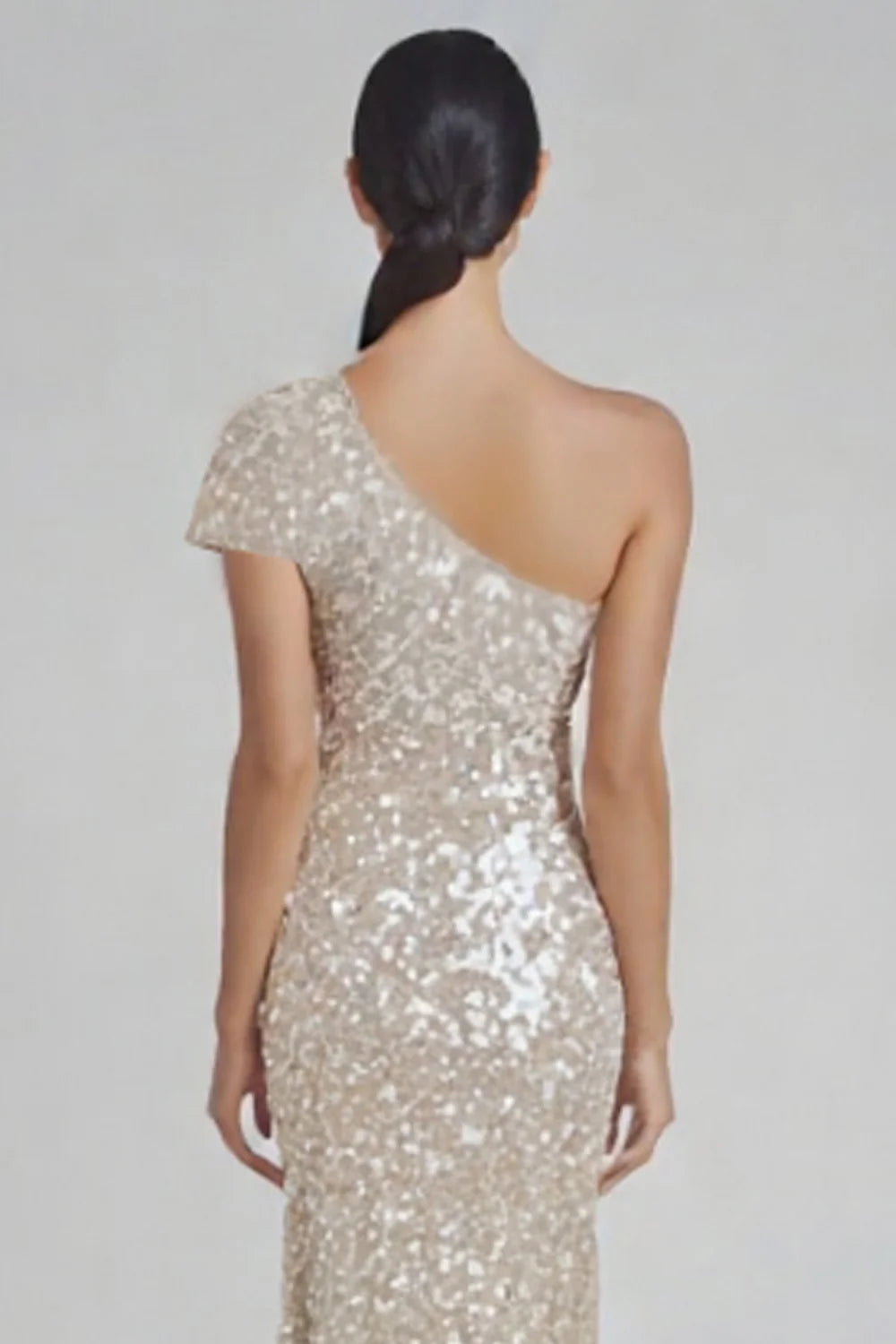 Champagne long one shoulder sequined ball dress dress