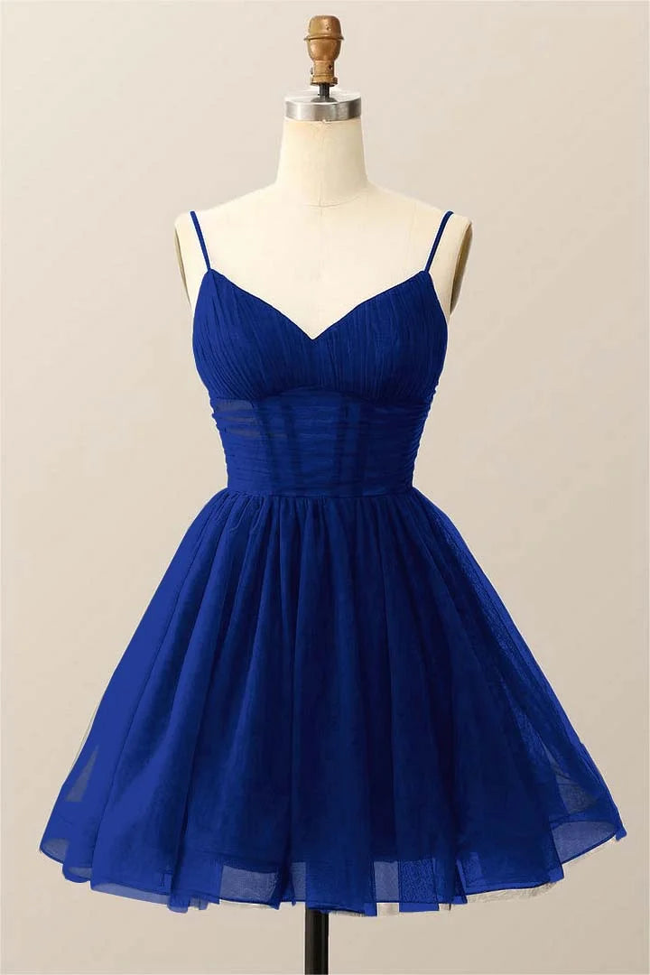 Dark Navy Tulle Spaghetti Strap Sleeveless Pleated A-Line Homecoming Dress