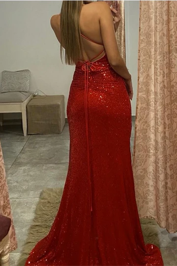 Gold Sequined Surplice Backless Mermaid Prom Dress with Slit