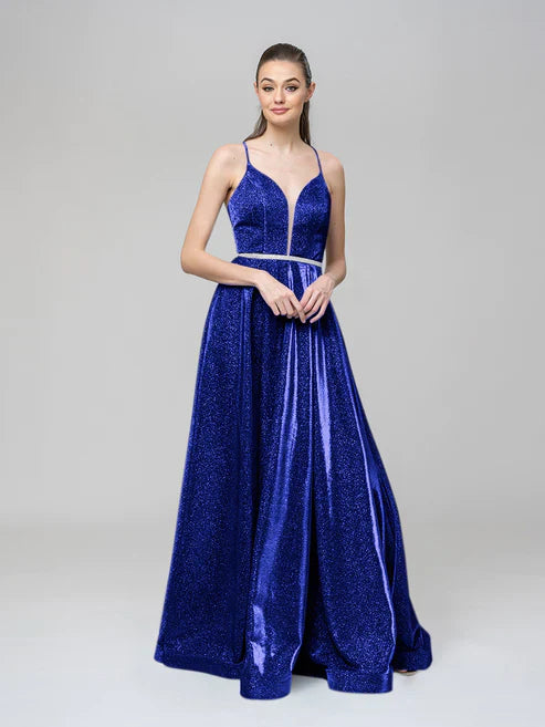 DingJiDress A Line Metallic Glitter Formal Party Prom Dresses With Beaded Waist