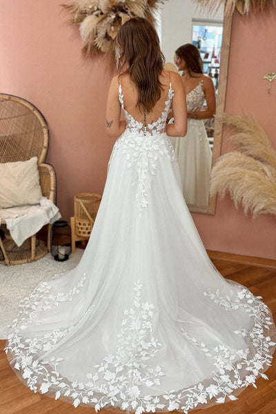 Fairy A Line V Neck Tulle Lace Wedding Dresses
