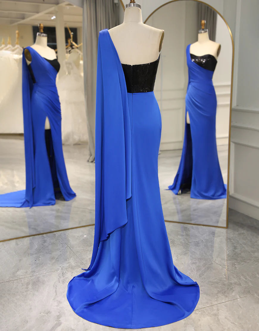 Royal Blue Mermaid One Shoulder Long Prom Dress With Split