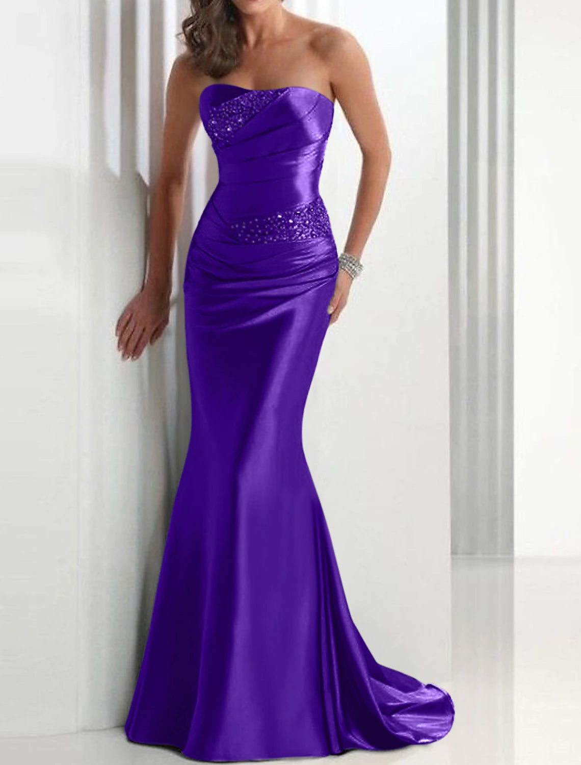 Mermaid Sequin Evening Gown Elegant Dress Wedding Guest Formal Evening Sweep / Brush Train Sleeveless Strapless Satin with Crystals Masquerade Dress dress to impress