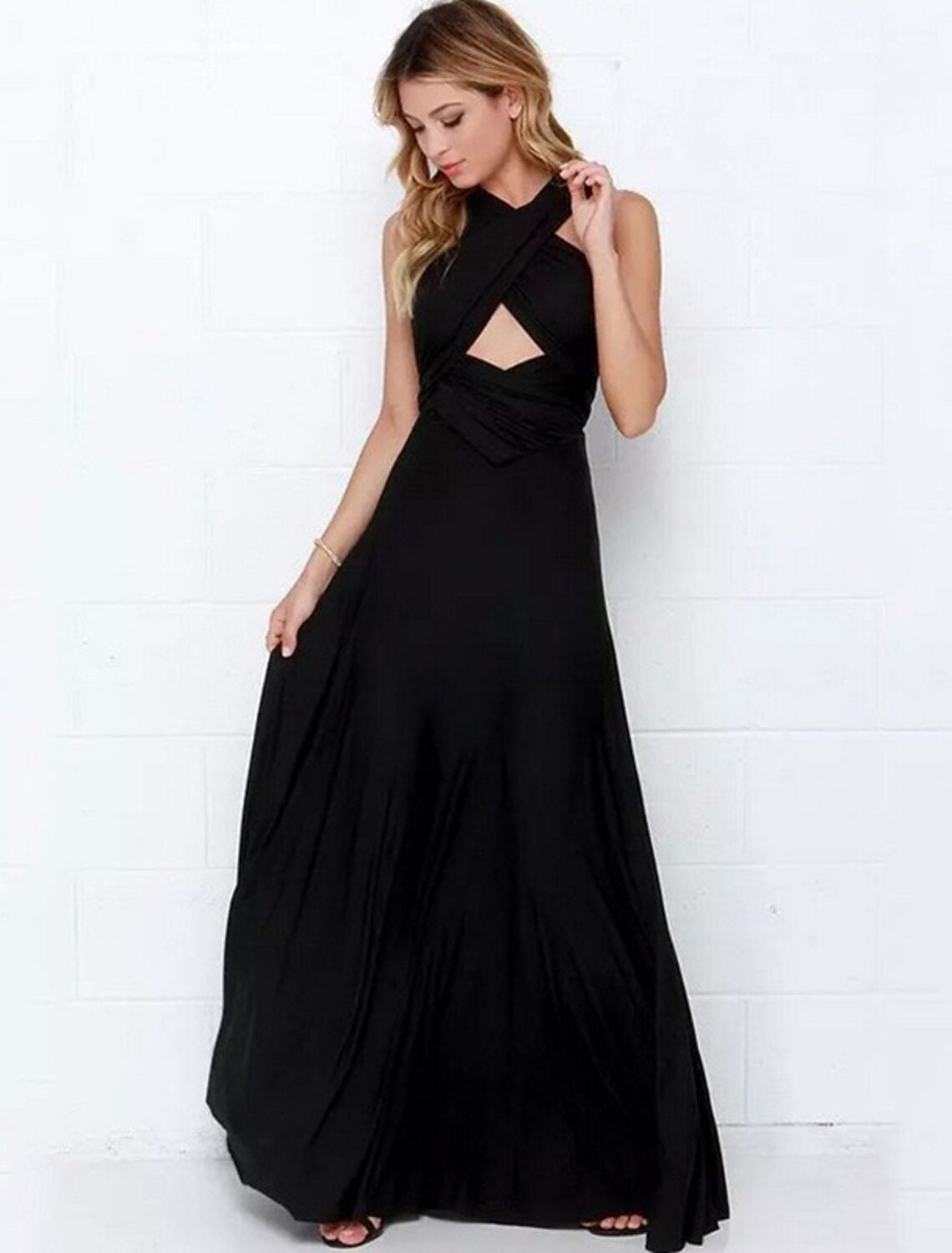 A-Line Party Dress Convertible Holiday Prom Birthday Dress Halter Neck Backless Crisscross Back V Back Sleeveless Floor Length Stretch Satin with Sash / Ribbon Pleats dress to impress
