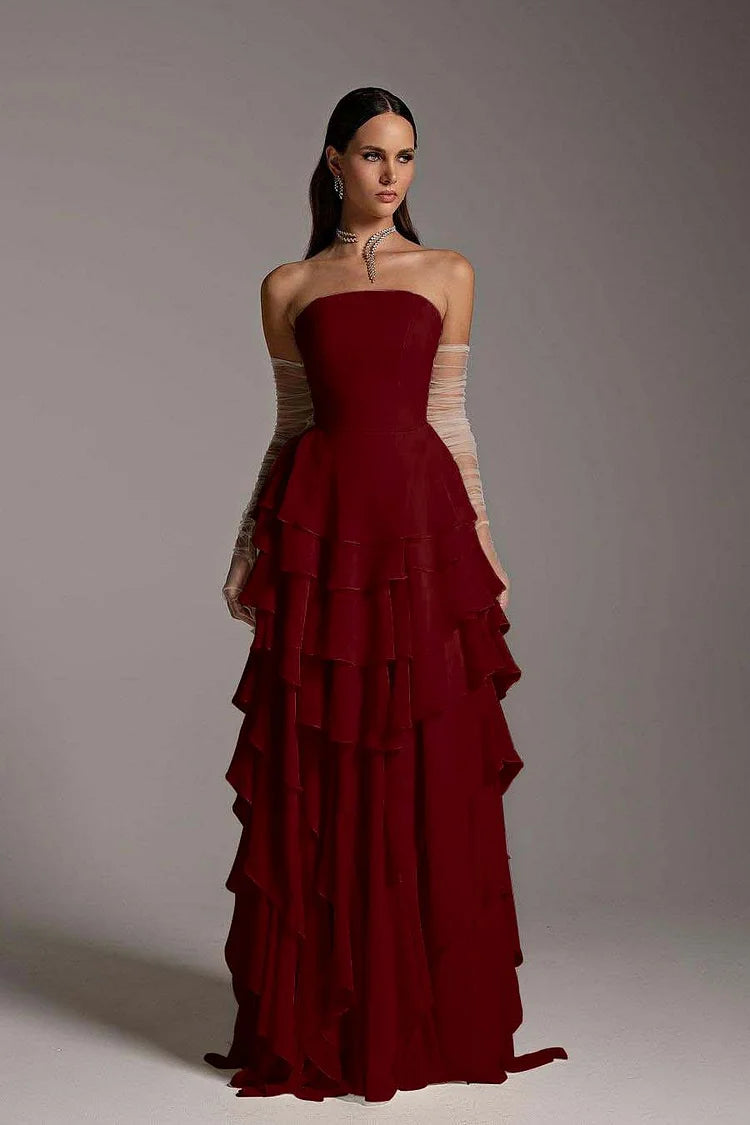 Charming Strapless Sleeveless Ruffles Long Prom Dress With