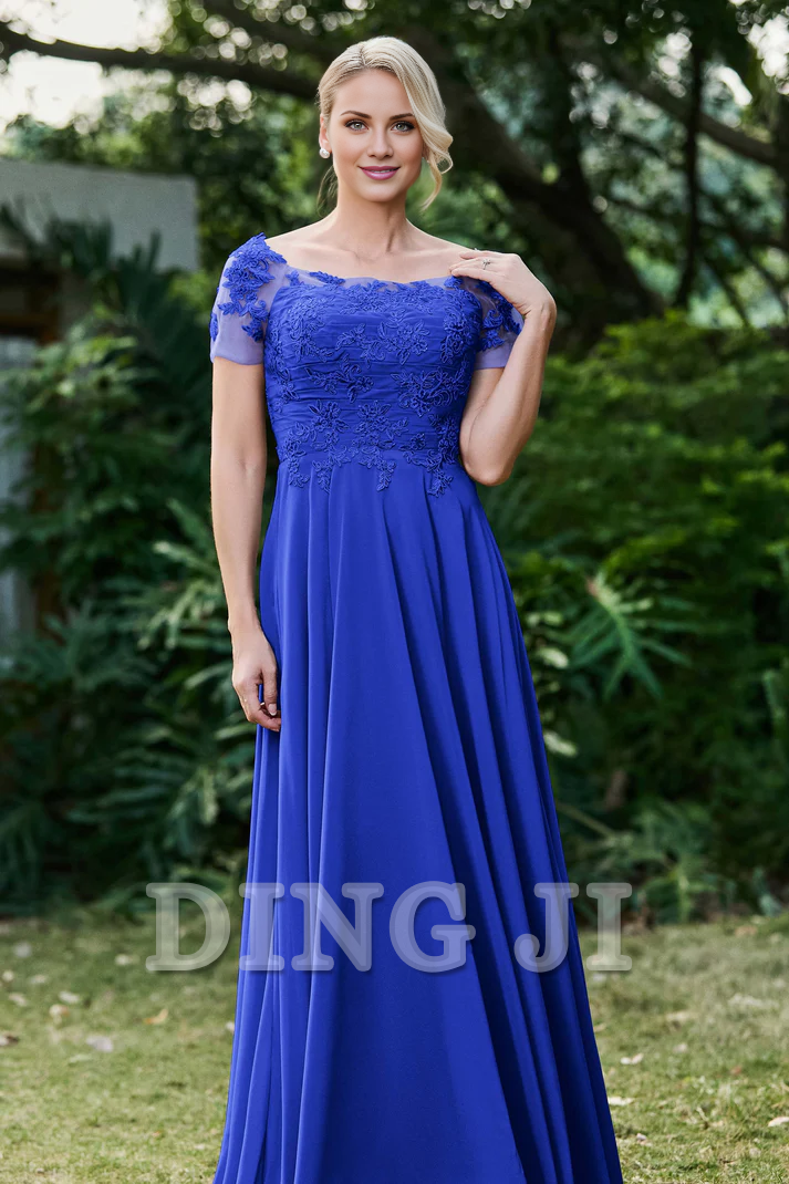 DingJiDress Mother of the Bride Dresses Ruched Applique Short Sleeves Chiffon Long Dress Lace Applique Elegant Dignified Dresses Wedding Guests Dresses