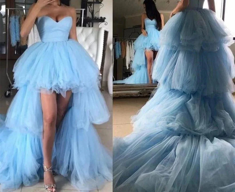 Blue short A-line version strapless pleated hem floor length ball skirt