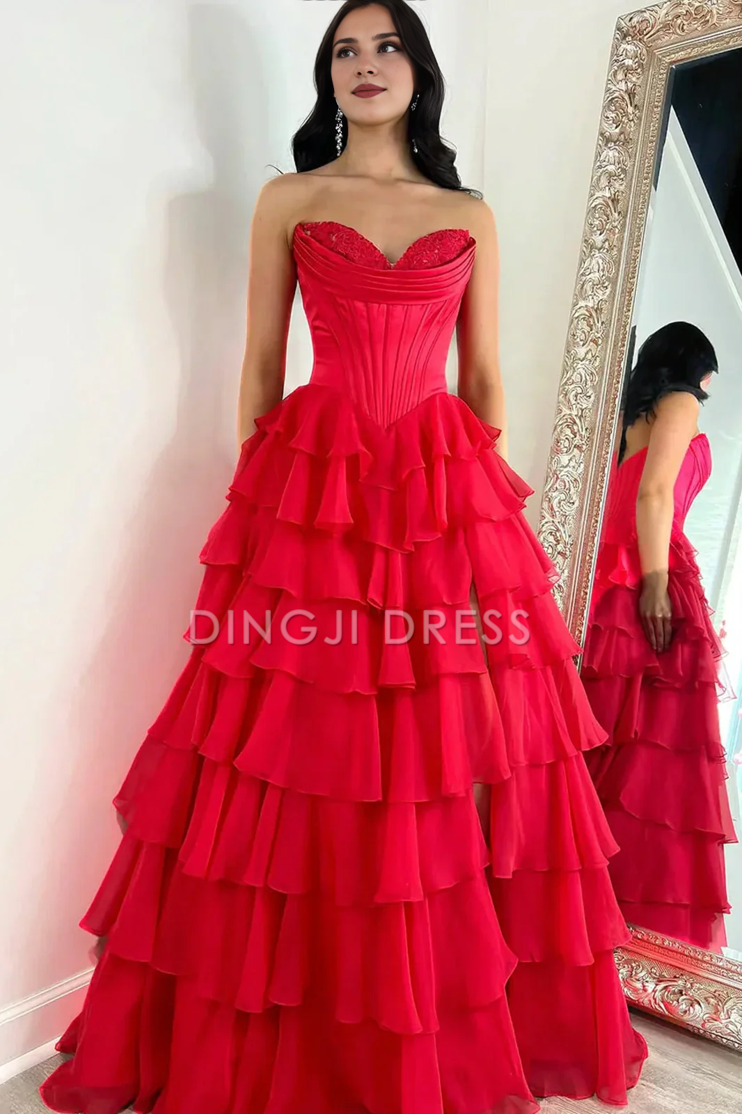 DingJiDress Lovely A-Line Sweetheart Long Tiered with Slit Fashion Prom Dress