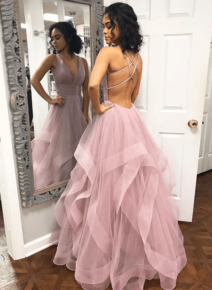 Pink Tulle Layers Cross Back Long Party DressPink Tulle A-line Prom Dress