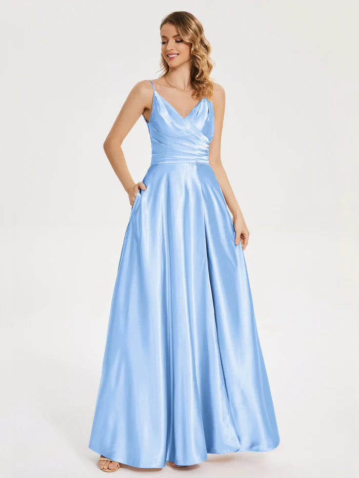 Elegant A-Line V-neck Sleeveless Lace Up Floor-Length Pleated Soft Satin Prom Dress with Slit