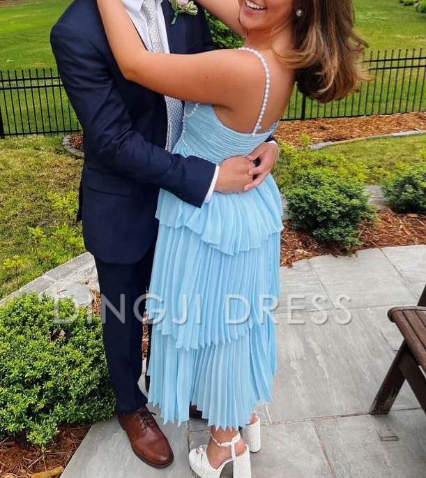 DingJiDress Cute A Line Sweetheart Pleat Tiers Chiffon Long with Pearls Beading Exquisite Prom Dress