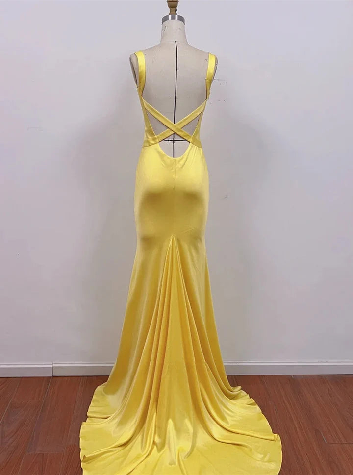 Chic Yellow Satin Mermaid Long Prom DressYellow Low Back Party Dress