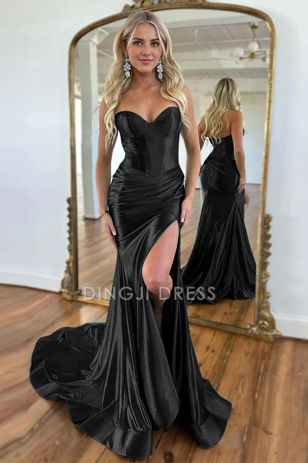 DingJiDress Gorgeous Mermaid Sweetheart Satin Pleated With Split Sweep Train Elegant Prom Dress