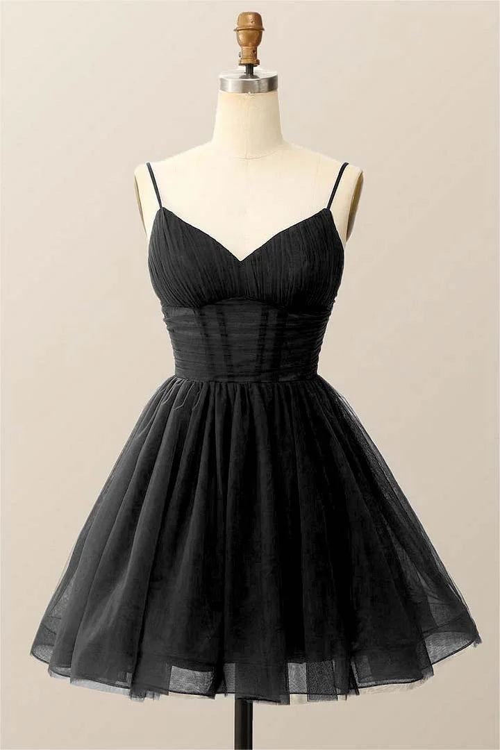 Dark Navy Tulle Spaghetti Strap Sleeveless Pleated A-Line Homecoming Dress