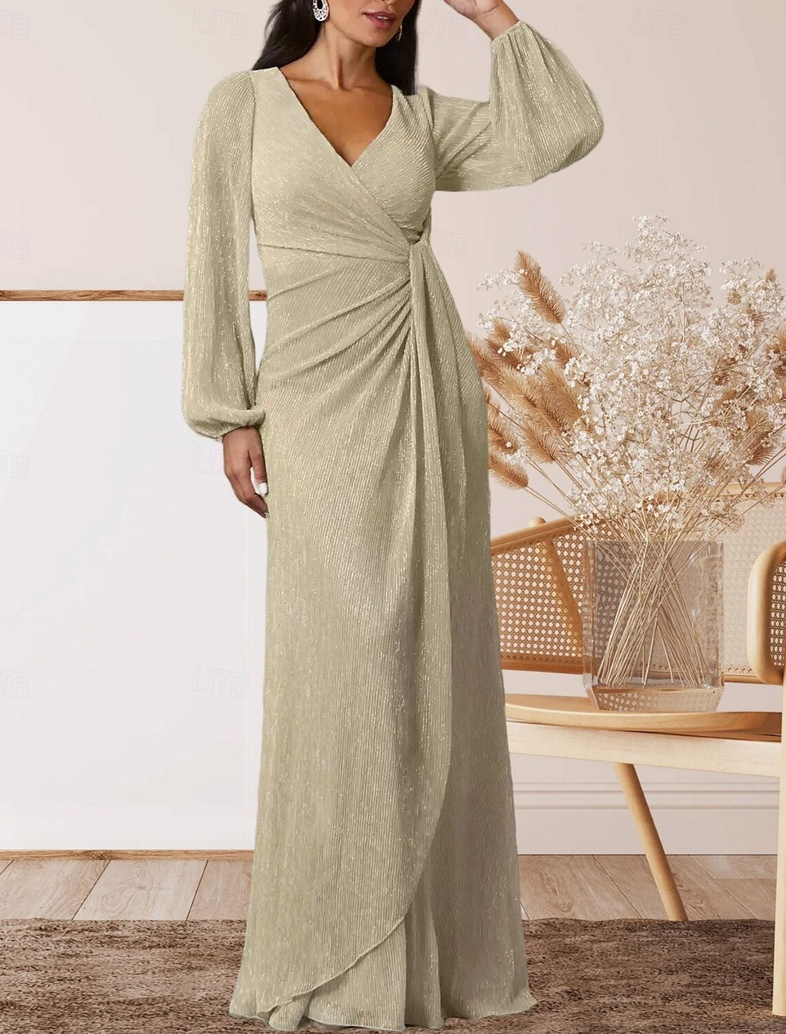 A-Line Mother of the Bride Dress Wedding Guest Elegant Sweet V Neck Floor Length Chiffon Long Sleeve with Ruffles Ruching