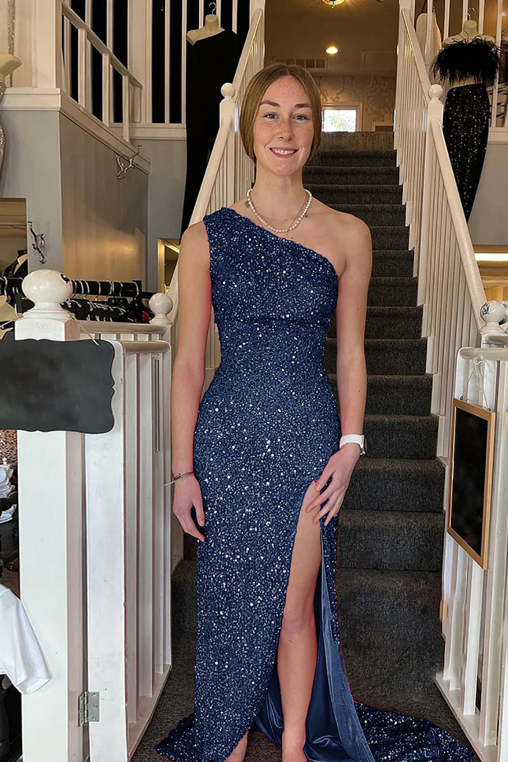 Navy Blue Single Shoulder Shiny Long Split Ball Dress