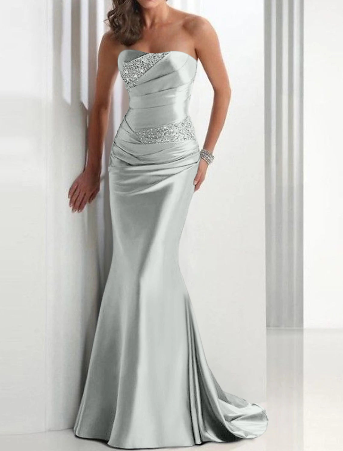 Mermaid Sequin Evening Gown Elegant Dress Wedding Guest Formal Evening Sweep / Brush Train Sleeveless Strapless Satin with Crystals Masquerade Dress dress to impress