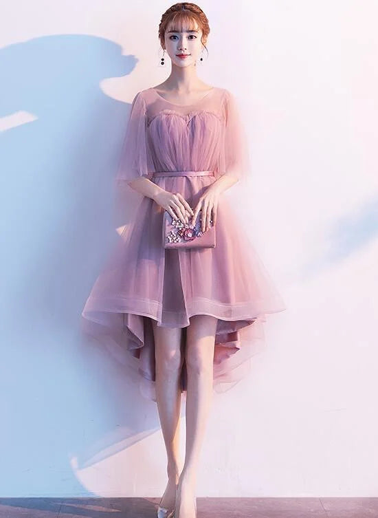 Dark Pink High Low Tulle Puffy Sleeves Party Dress Dark Pink Homecoming Dress