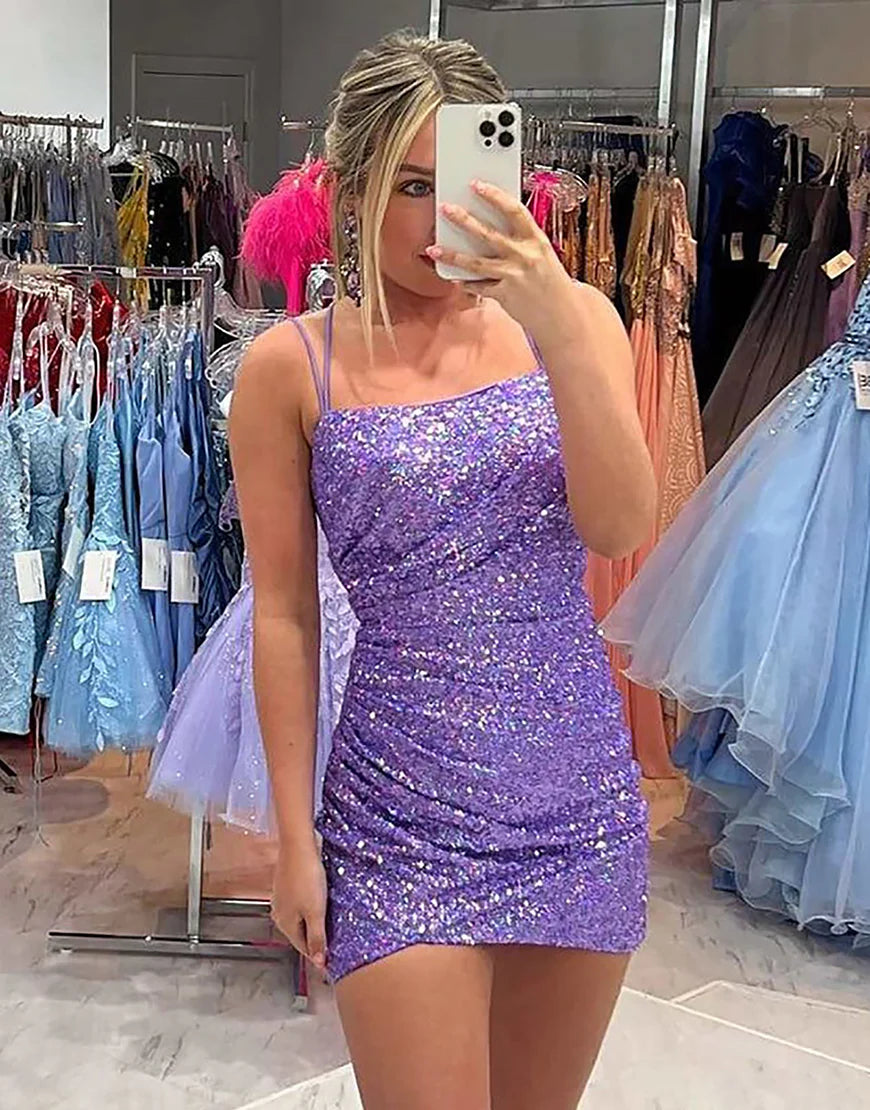 Pink Sequin Spaghetti Straps Bodycon Homecoming Dress