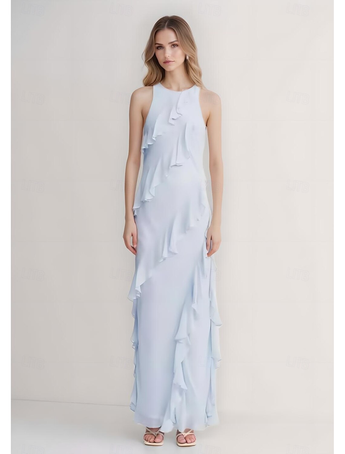 Sheath / Column Evening Gown Elegant Dress Wedding Guest Evening Party Floor Length Sleeveless Crew Neck Belt / Sash Chiffon with Ruffles