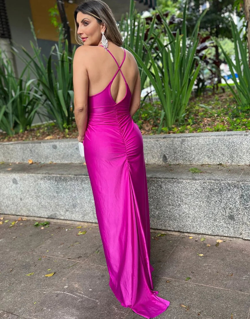 Fuchsia Italian lace up sheath pleated side length slit ball dress