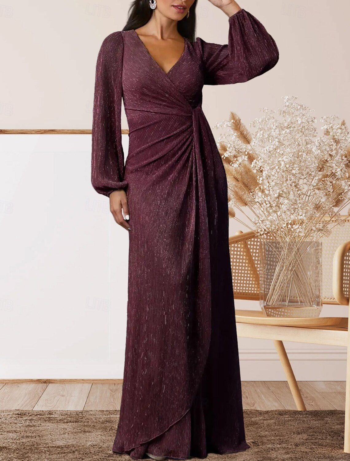 A-Line Mother of the Bride Dress Wedding Guest Elegant Sweet V Neck Floor Length Chiffon Long Sleeve with Ruffles Ruching