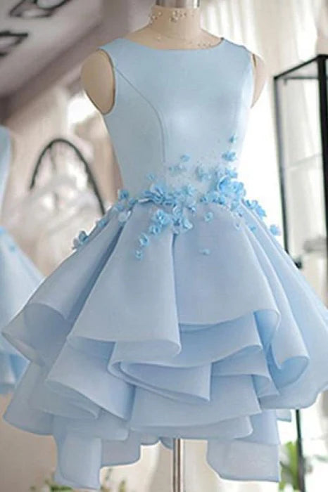 Sky Blue Homecoming A-line Satin Organza Short Flowers Original Prom Dresses Mini Dress ﻿