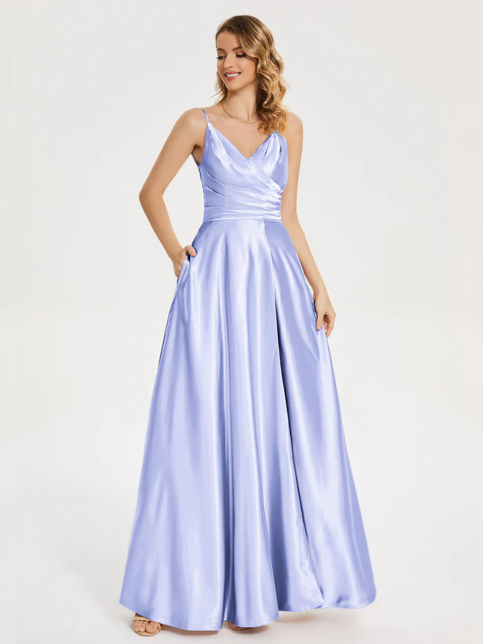 Elegant A-Line V-neck Sleeveless Lace Up Floor-Length Pleated Soft Satin Prom Dress with Slit