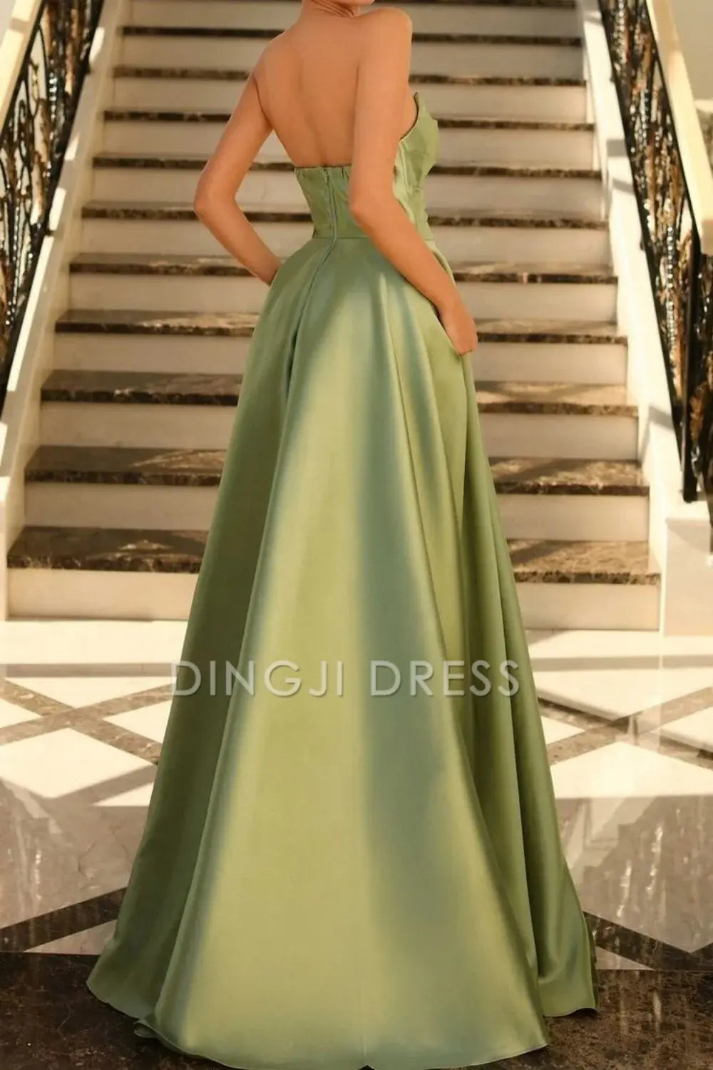 DingJiDress Stunning A-Line Pleated Strapless Long Satin with Slit Elegant Prom Dress