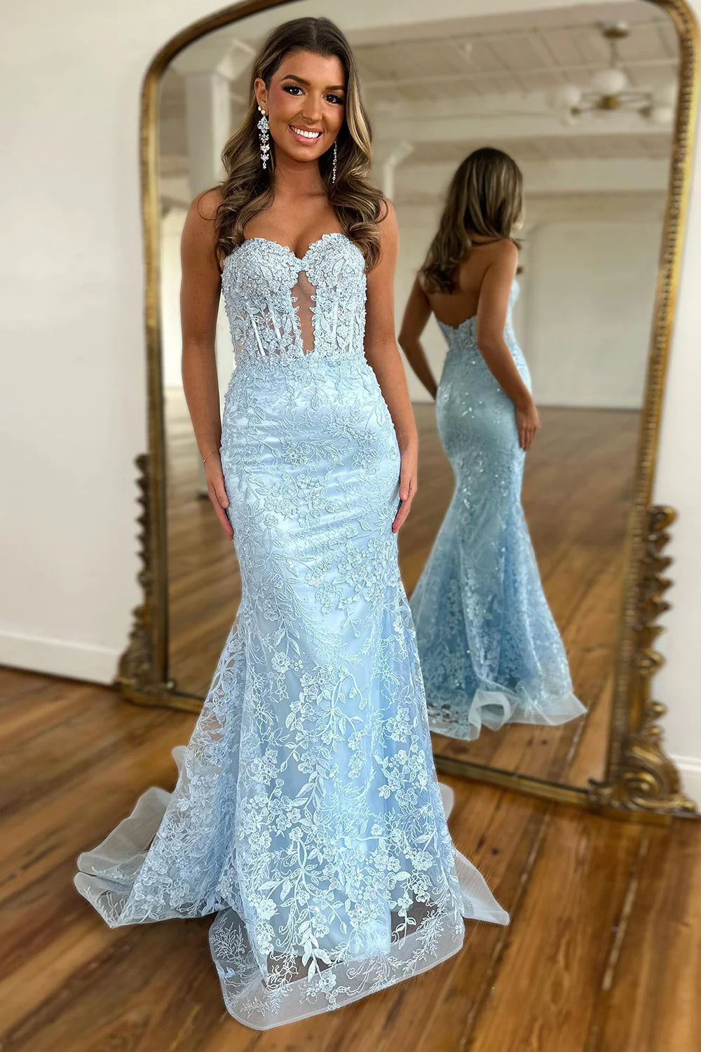Light blue long mermaid strapless applique ball dress