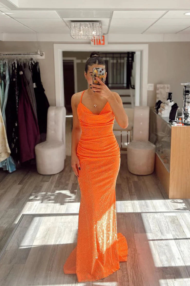 Orange Coel Neck Sequin Mermaid Long Prom Dress