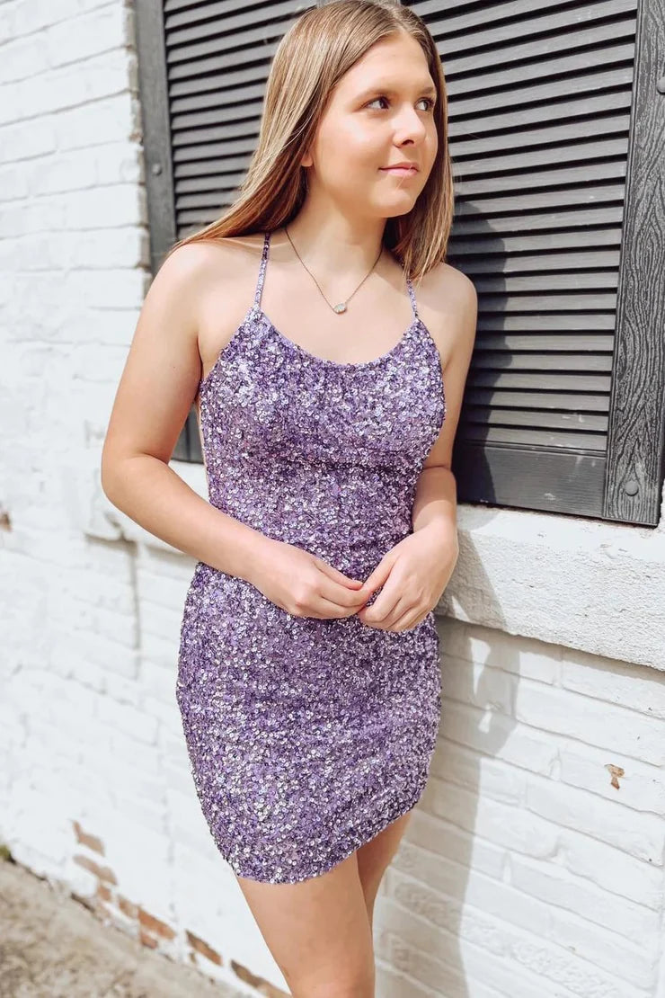 Neck Lavender Sequins Short Homecoming Dresses with Open Back