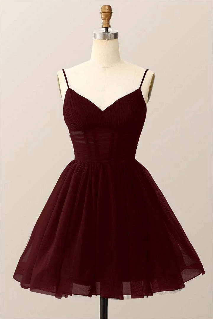 Dark Navy Tulle Spaghetti Strap Sleeveless Pleated A-Line Homecoming Dress