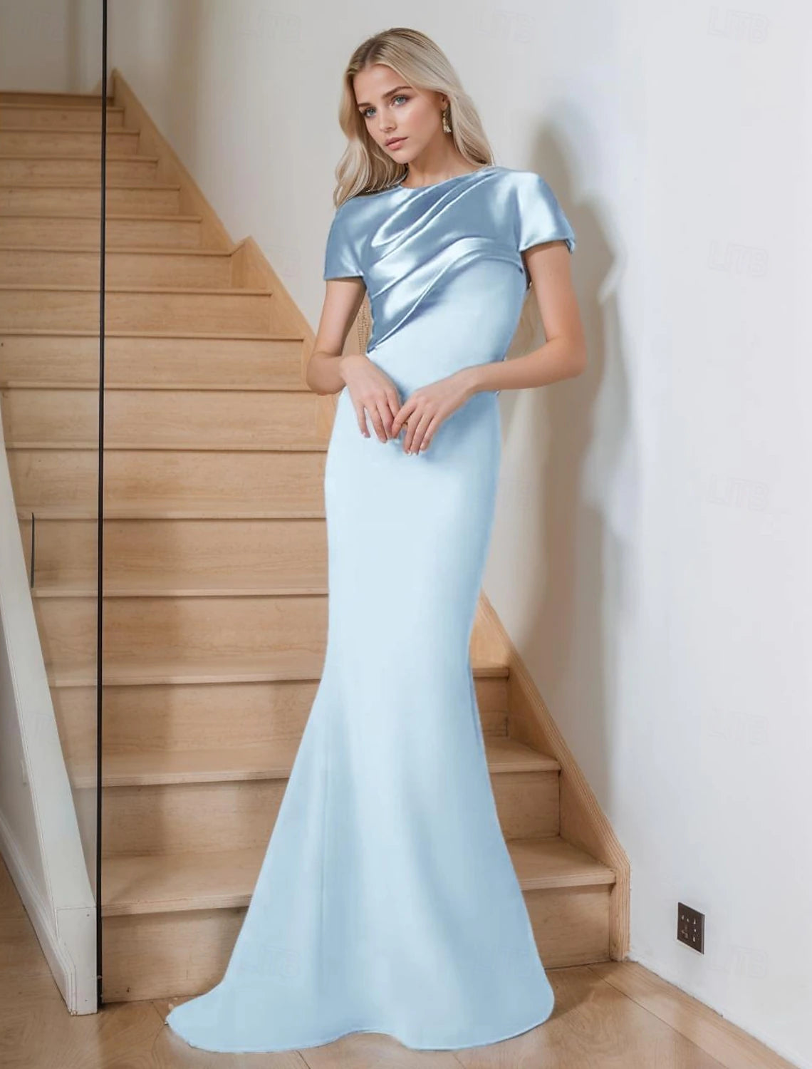 Mermaid Trumpet Evening Gown Elegant Dress Formal Evening Party Floor Length Short Sleeve Crew Neck Belt Sash Satin with Pleat